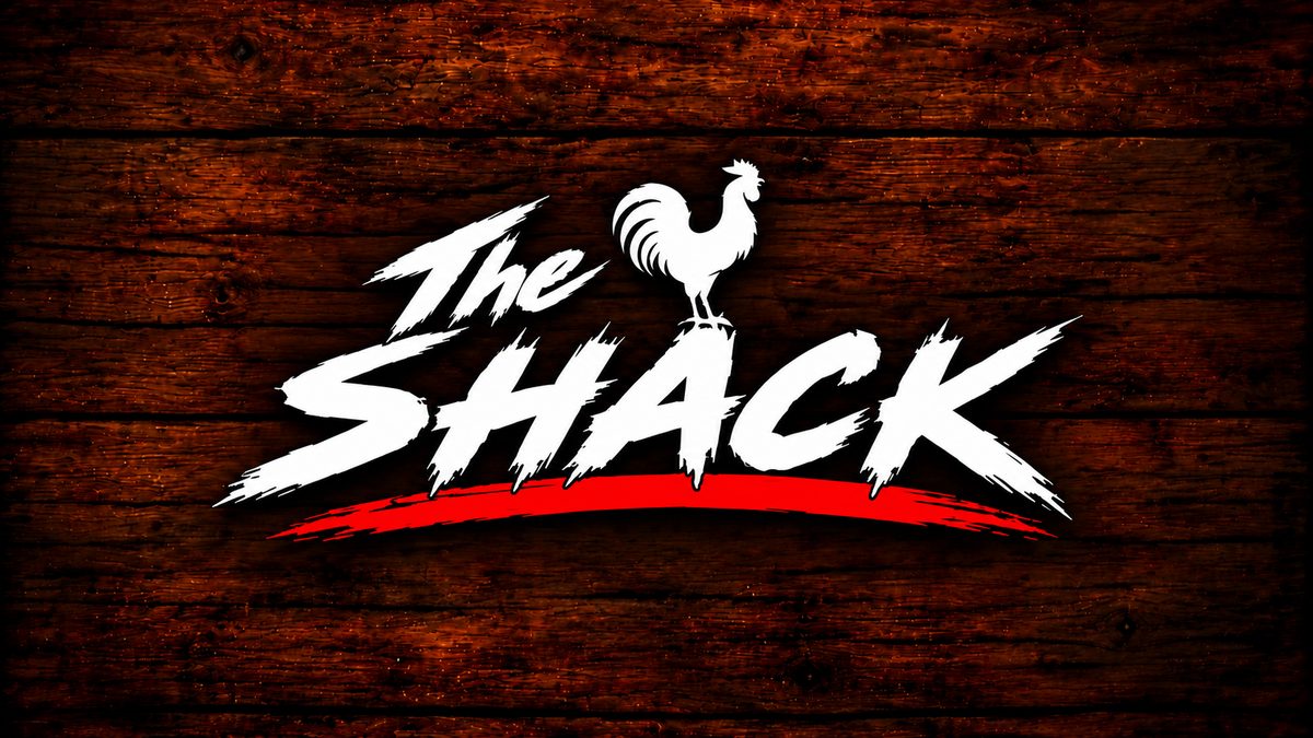 The Shack logo on dark wood planks